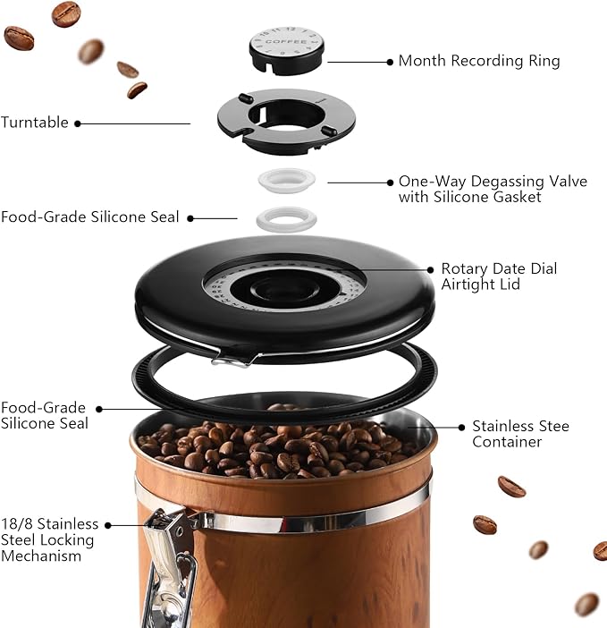 Bincoo Airtight Coffee Canister with Date Tracker - Holds a Full 1LB Bag of Beans Stainless Steel Container(1.5L), One-Way Valve & Easy-Lock Lid for Coffee Beans, Tea, Sugar Storage