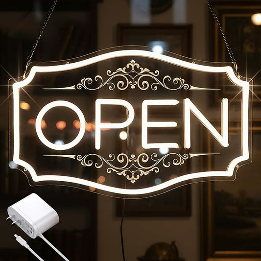 22" x 13" Open Sign for Business, LED Dimmable Neon Open Sign with 12V/2A Adapter, Warm White, Bright LED to Light Up Storefronts, Windows & Walls