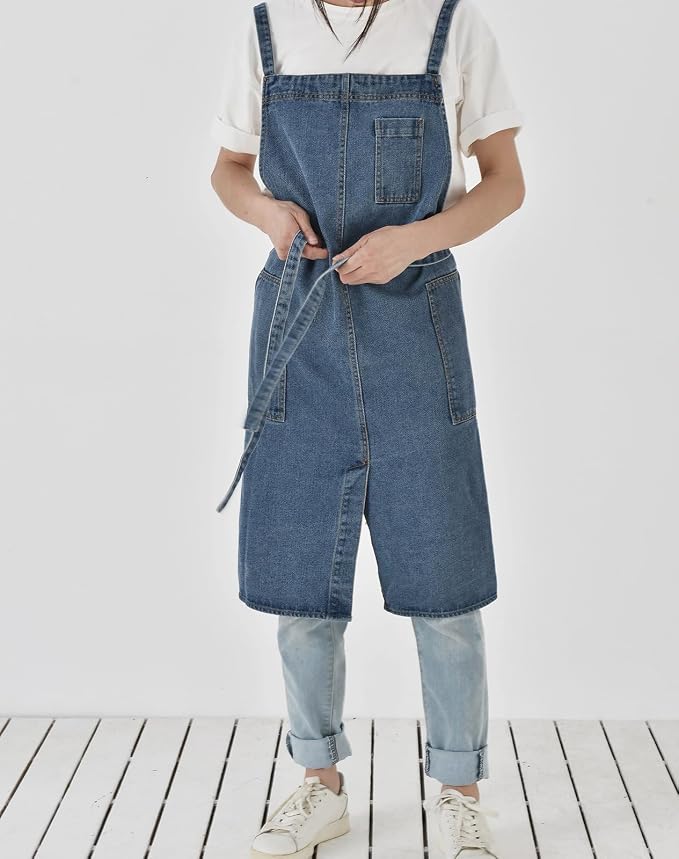 Cotton Denim Apron Soft - Unisex Adjustable Bib Apron with 5-Pockets Perfect for Kitchens - Image 5