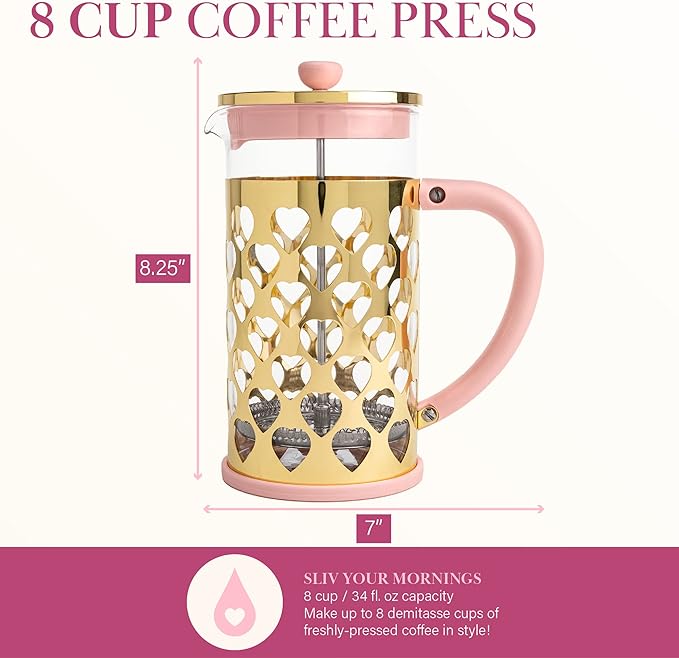 Paris Hilton French Press Coffee Maker With Heart Shaped Measuring Scoop, 2-Piece Set, 8-Cup or 34-Ounce, Pink