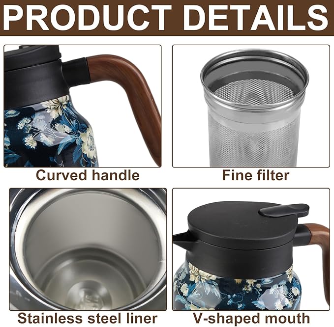 35 Oz Vintage Floral Tea Pot with Infuser,Insulated Stainless Steel Loose Leaf Teapot,6-12 Hour Hot/Cold Retention, Portable for Travel
