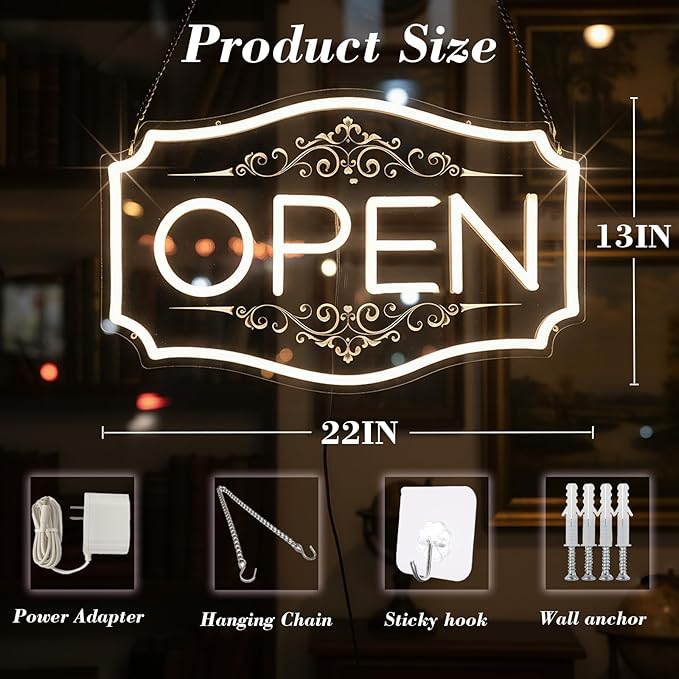 22" x 13" Open Sign for Business, LED Dimmable Neon Open Sign with 12V/2A Adapter, Warm White, Bright LED to Light Up Storefronts, Windows & Walls