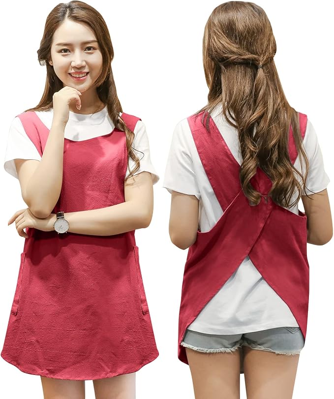 Shortened Design Apron, Japanese Style Soft Cotton Linen Apron with Two Side Pockets, X Cross Halter Aprons, Kitchen Cooking Clothes Gi/ft for Women DIY Project, Crafting, Cooking, Baking(Wine Red) - Image 2