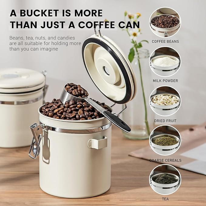 Airtight Coffee Container with Date Tracker & Spoon - Kitchen Storage Jar for Coffee Grounds, Cereal, Beans, Sugar (Beige, 24OZ)