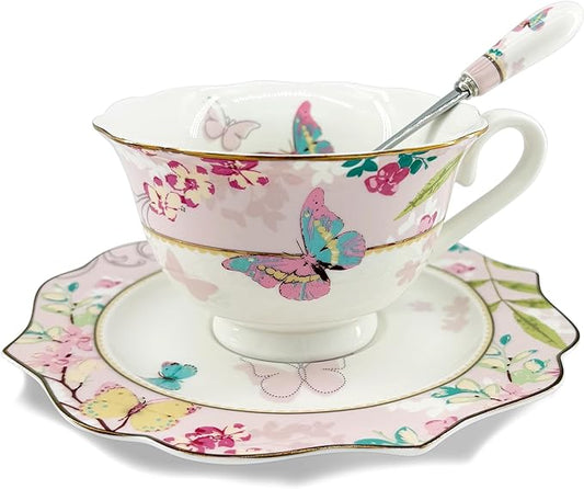 Vintage Ceramic Teacup, Elegant Coffee Cup with Spoon and Saucer Set, Royal Bone China Tea Cups (Pink)