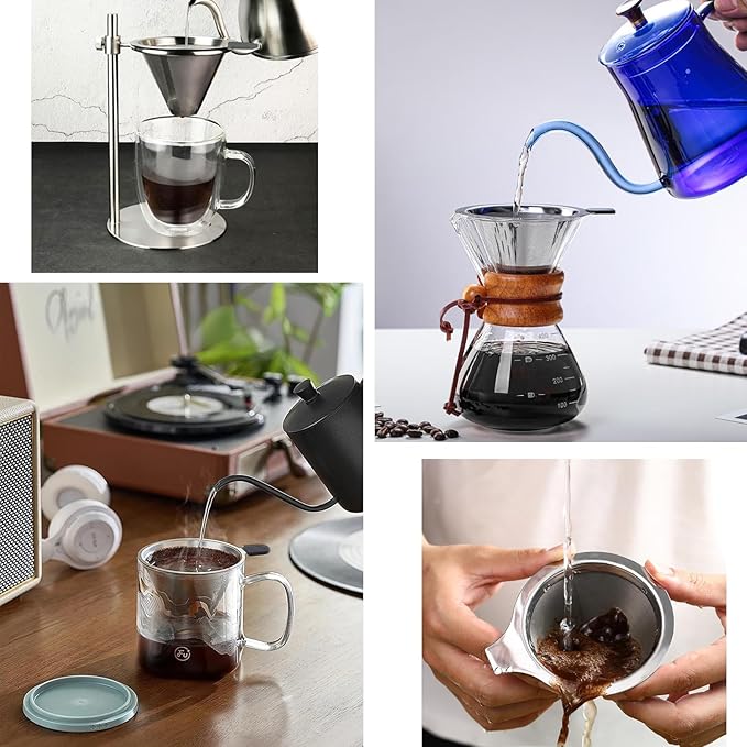 Double Mesh Pour Over Coffee Filter Set-300+600 Mesh Reusable Stainless Steel Coffee Filter with Detachable Handle,Easy Clean,2-in-1 for Drip/Cold Brew/Espresso,Fits Most V60/Chemex Brewers