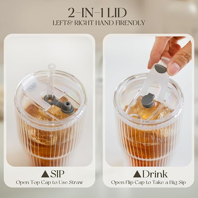 KEMORELA 16oz Ribbed Double Wall Glass Cups with Lid and Straw 2PCS, Coffee Bar Accessories，Insulated Borosilicate Glass Tumblers, To Go Iced Coffee Cups, Spill proof tumbler,tumblers & water glasses