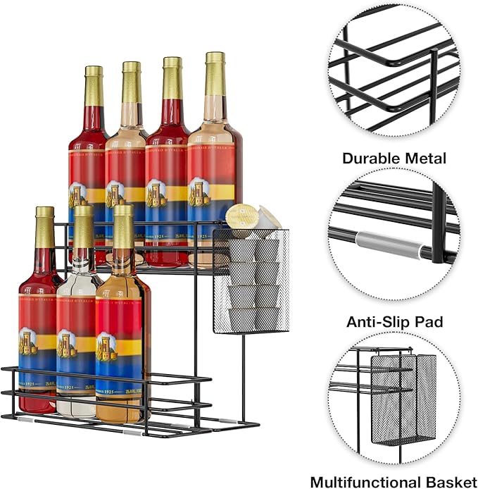 OVICAR Coffee Syrup Organizer Rack - 8 Bottle Holder Stand for Coffee Bar & Station Accessories with Straw & Pod Basket, 2 Tiers Black