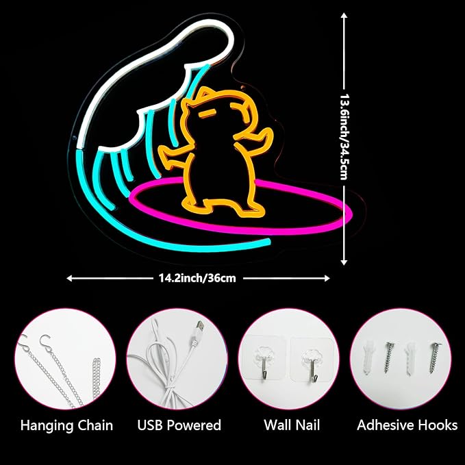 Capybara Surfing Neon Sign for wall decor Capybara Led Neon Sign Cute Animal with Surfing Neon Light for Children's Room Party Decor Birthday Gifts (14.2in*13.6in) - Image 5