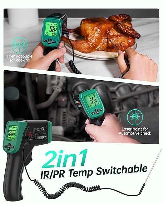 ERICKHILL Infrared Thermometer Gun, Dual Mode IR Laser Thermometer with -50°C~800°C and Meat Probe (-50°C~300°C), Non-Contact Digital Thermometer for Cooking, BBQ, and Industrial Use