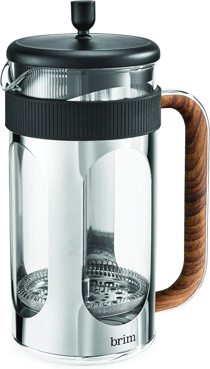 brim 8 Cup French Press, Quickly Brew Coffee in Under 5 Minutes, Classic Design with Modern Twist, Dishwasher Safe Carafe for Easy Cleaning, Replacement Filter Included, Stainless Steel/Wood