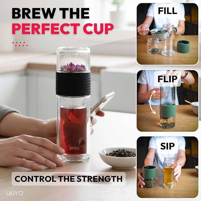 Premium Double-Wall Glass Tea & Fruit Infuser Bottle - Travel Tumbler with Stainless Steel Filter and Neoprene Sleeve