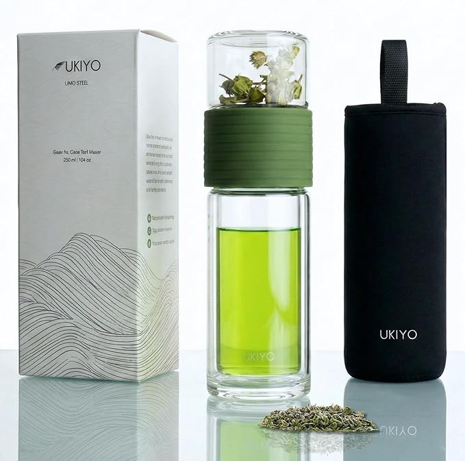 Premium Double-Wall Glass Tea & Fruit Infuser Bottle - Travel Tumbler with Stainless Steel Filter and Neoprene Sleeve