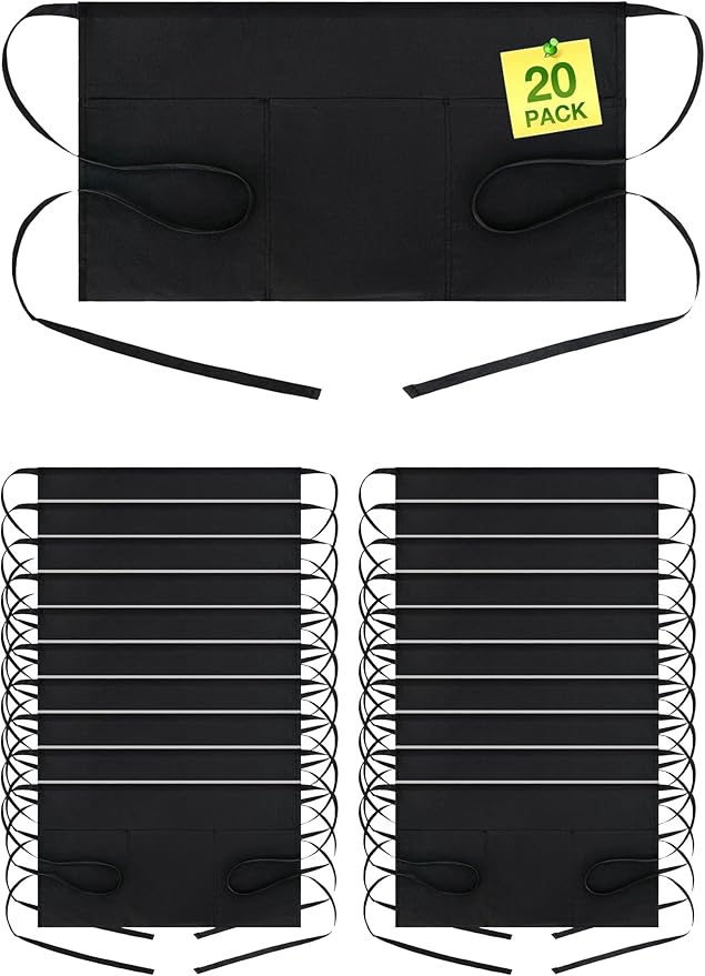 BOHARERS Waist Apron with 3 Pockets 20 Pack - Black Waitress Server Short Apron