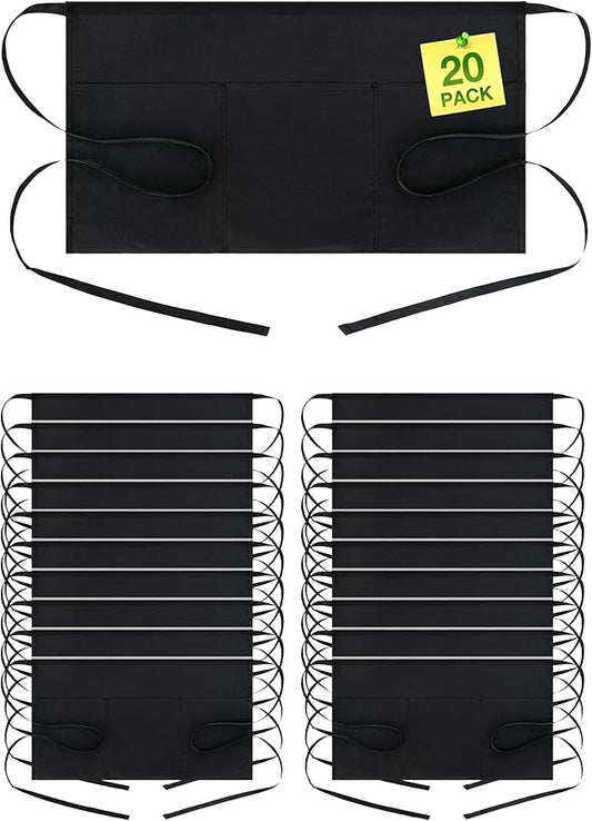 BOHARERS Waist Apron with 3 Pockets 20 Pack - Black Waitress Server Short Apron