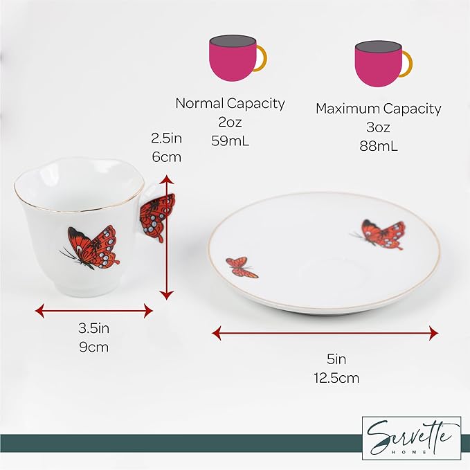 Servette Home Cup and Saucer Set - Mini Coffee Mug with Plate Tea Set - Ceramic Butterfly Design