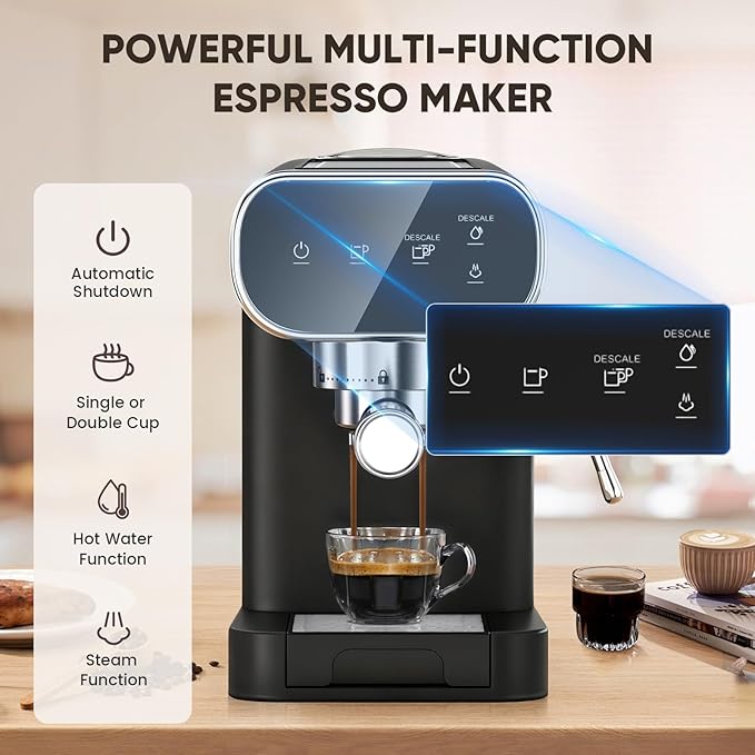 Espresso Machine 20 Bar, Home Espresso Maker with Touchscreen & Steam Milk Frother, Fast Heat-Up Coffee Machine with 48oz Removable Tank for Cappuccino, Latte, Americano, Black