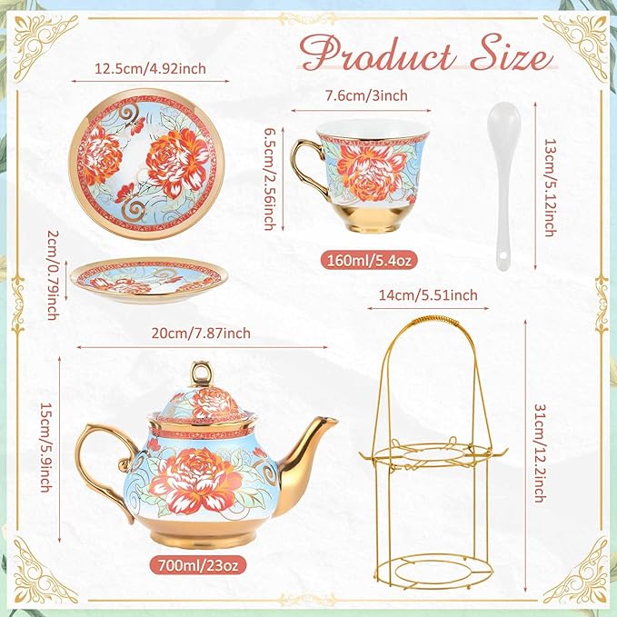 Zhehao 20 Pcs Porcelain Tea Set with Metal Holder and Spoon Adult Ceramic Tea Set European Flower Painting Teapot Cup Saucer Spoon for Women, Large Version(Retro Style)