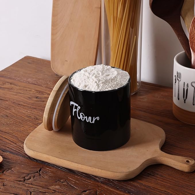 LEETOYI Porcelain Food Storage Containers with Lid, 4.5 Inch 31oz, Black Labeled Flour
