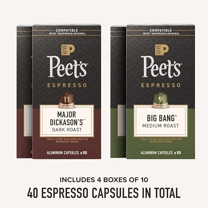Peet's Coffee, Dark and Medium Roast Signature Blend Espresso Capsules, Compatible with Nespresso Original Machines, 100% Arabica Coffee - Variety Pack 40 Count (4 Boxes of 10 Espresso Capsules)