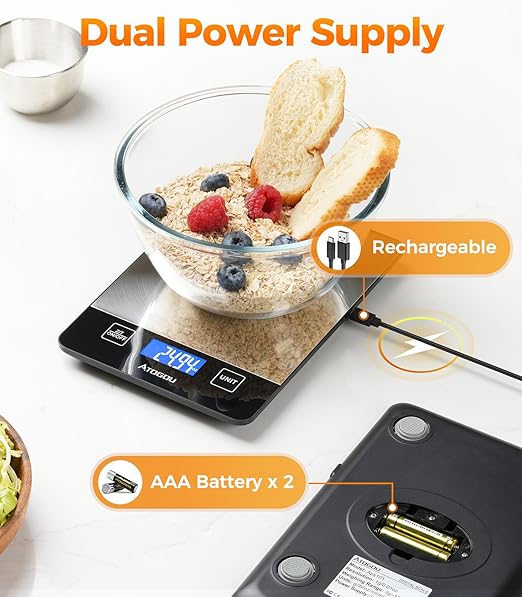 Atogou Food Scale - 33lb Digital Kitchen Scale Ounces Grams, Rechargeable & Full-View Display, Water-Resistant, Batteries or USB-C Charging, Stainless Steel, for Cooking, Meal Prep, Package (Grey)
