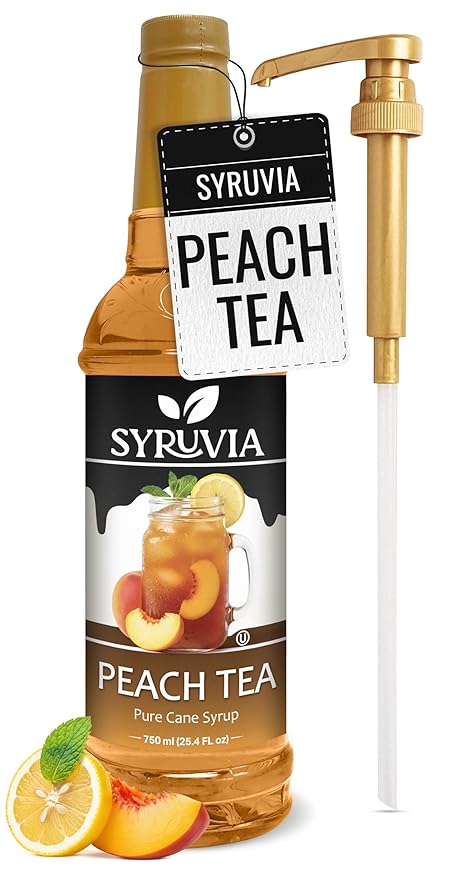 Syruvia Peach Tea Flavored Syrup for Drinks, Cocktails, Lemonades, Iced Teas and Desserts – 25.4 fl oz, With Pump