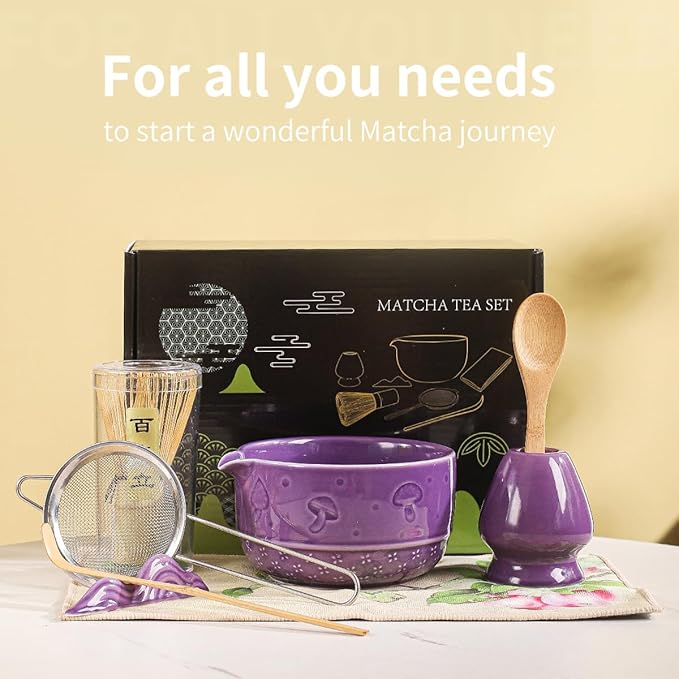 Matcha Set, 8-Piece Ceramic Matcha Bowl & Whisk Kit with Mushroom Pattern, Traditional Japanese Chawan, Bamboo Chasen, Scoop & Sifter, Gift for Tea Lovers, Zen Tea Ceremony Accessories (Purple;)