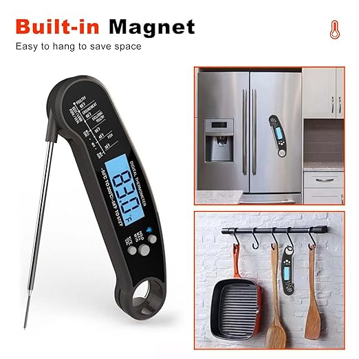 Digital Instant Read Food Thermometer with Backlight, LCD Display, Calibration Function, Built-in Bottle Opener for Grilling, BBQ, Turkey, Candy, Liquid Temperature Measurement, Black