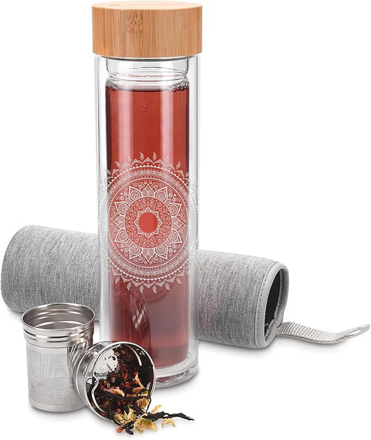 Navaris Glass Water Bottle with Tea Infuser - Double Walled Borosilicate Glass Travel Tumbler with Bamboo Lid and Non Slip Gray Neoprene Sleeve - 17oz