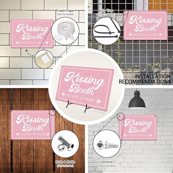 Kissing Booth Pink Tin Sign Love Shack Metal Signs Valentine's Day Wall Art Decoration Home Farmhouse Bar Kitchen Cafe Living Room Coffee Corner White Day Decor Romantic Gift 12" x 8" - Image 4