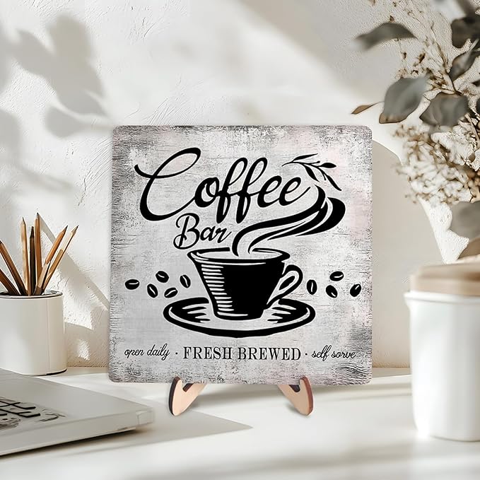 Vintage Coffee Bar Sign Plaque for Coffee Station,Funny Jave Desk Decor for Home or Office,Cafe Shop (Gray, 5.9x5.9inches)