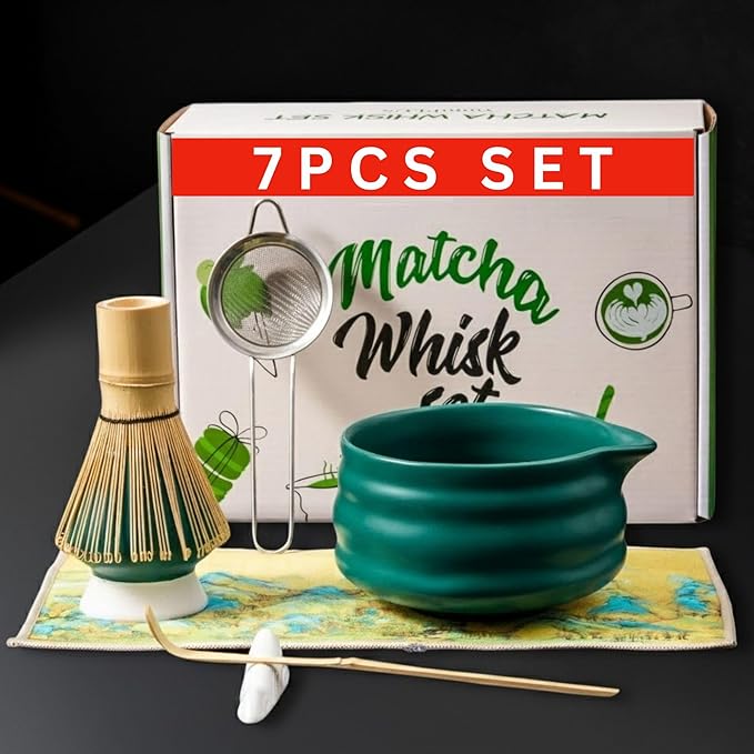 7PCS Ceramic Matcha Set – Traditional Japanese Tea Kit for Matcha Preparation with Pouring Bowl, Bamboo Whisk & Stand, Scoop with Rest, Sifter and Tea Cloth – Ideal for Matcha Lover