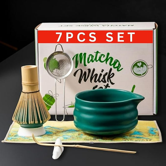 7PCS Ceramic Matcha Set – Traditional Japanese Tea Kit for Matcha Preparation with Pouring Bowl, Bamboo Whisk & Stand, Scoop with Rest, Sifter and Tea Cloth – Ideal for Matcha Lover