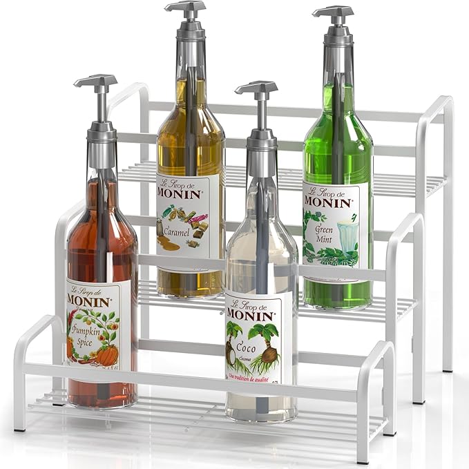 DTUQYX Coffee Syrup Organizer 3-Tier, 12 Bottles Capacity Coffee Syrup Rack,Metal Syrup Stand for Spice, Wine, Liquor, Bottle, Coffee Bar Station Racks Magnetic, No Installation,White