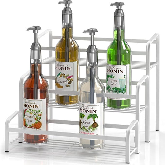DTUQYX Coffee Syrup Organizer 3-Tier, 12 Bottles Capacity Coffee Syrup Rack,Metal Syrup Stand for Spice, Wine, Liquor, Bottle, Coffee Bar Station Racks Magnetic, No Installation,White