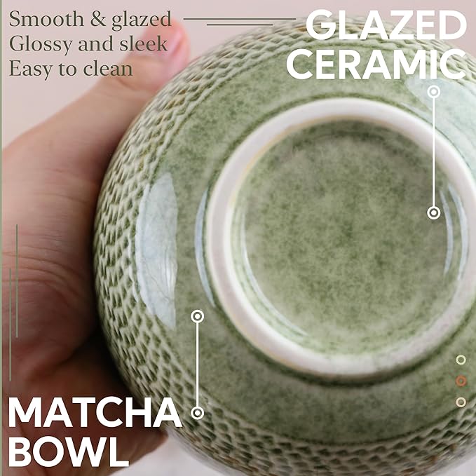 Japanese Matcha Bowl, Glazed Ceremonial Matcha Bowl with Whisk Holder for Matcha Powder/Matcha Tea/Japanese Matcha, 2 Color Options (Prasinous(Spout))