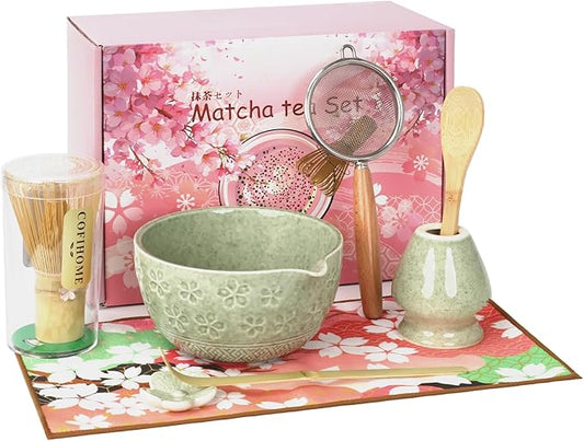 Matcha Whisk Set, Japanese Tea Ceremony Utensils (8 PCS) with Matcha Bowl with Spout (19 oz), Bamboo Whisk, Scoop, Holder, Sifter, Tea Towel – Authentic Matcha Set & Gift Box (Green)