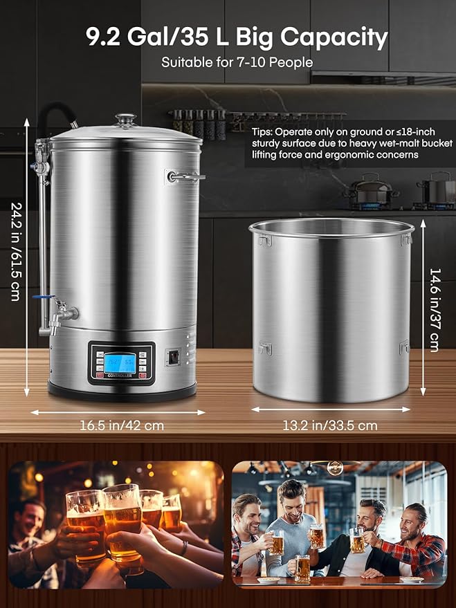 FOHERE Electric Brewing System, 9.2 Gal/35 L Brewing Pot, All-in-One Home Beer Brewer, Stainless Steel Mash Boil Device with 7-step Programmable Mashing Process,10 Recipe Memory (Silver)