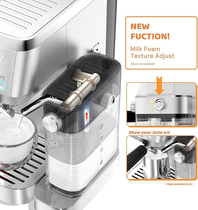 MAttinata Cappuccino Machine 20 Bar, Professional Espresso Machines for Home and Office with Automatic Milk Frothering System, Barista Compact Latte Maker for Coffee Lovers, Stainless Steel-Mattino