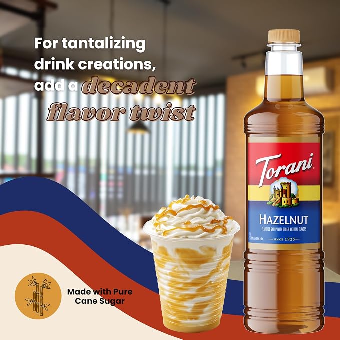 Torani Hazelnut Syrup 1 Liter Bottle with Pump – Premium Coffee Flavoring Made with Pure Cane Sugar & Natural Flavors for Lattes, Cappuccinos, Desserts, Cocktails & More – Rich Nutty Sweetener - Image 7