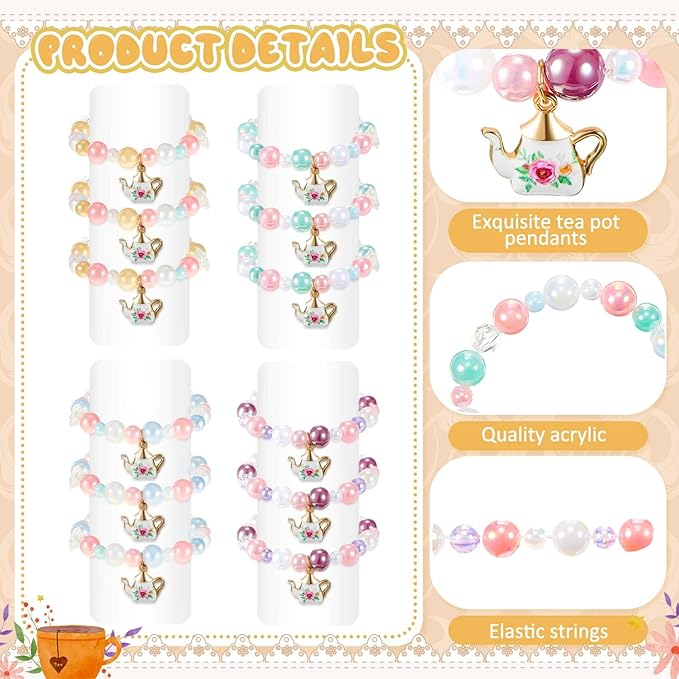 Ecally 12 Pcs Tea Party Favors Bracelet Gift Tea Pot Beaded Bracelet Bulk Party Supplies Pot Pendant Accessories Decorations for Kids Girl
