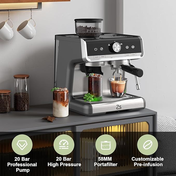 20 Bar Semi-Automatic Espresso Machine with Built-In Coffee Grinder and Milk Frother, Home Barista Coffee Maker for Cappuccino Latte Macchiato, Ideal Gift for Mom and Dad
