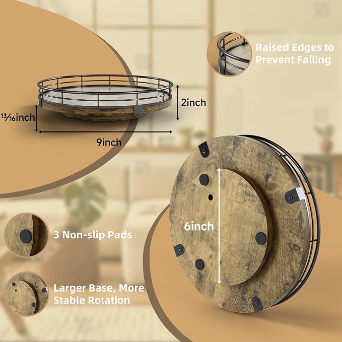 Lazy Susan Turntable Organizer for Table Top, 9’’ Round Wooden Lazy Susan for Cabinet Kitchen Countertop Pantry Dining Coffee Table for Condiments Spices, Rustic Bathroom Vanity Tray for Soap Candle - Image 2