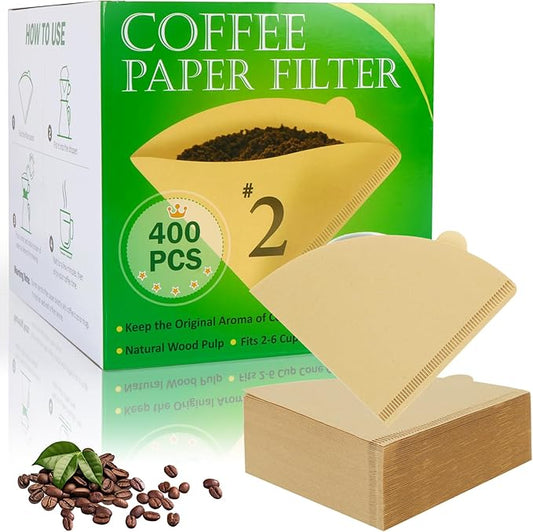 YQL 400 Count Coffee Filters, Size 02 Natural Brown Cone Filter Paper Compatible with Drip Makers and Pour Over Brewers, V-Shaped Unbleached Disposable Filters, Clean Taste & Strong Design