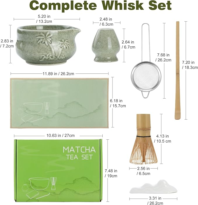 Matcha Whisk Set, Ceramic Matcha Kit Set Includes Matcha Bowl, Matcha Whisk and Holder, Bamboo Scoop, Scoop Rest, Sifter and Tea Towel - 7 Pcs Matcha Kit for Matcha Lovers (Matcha Green Coconut Tree)