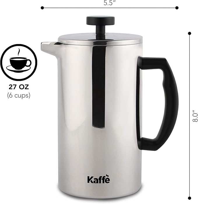 Kaffe Stainless Steel French Press Coffee Maker (27oz / 0.8L) - Double-Wall Insulated Coffee Press - Travel & Camping - Homemade French Press Coffee