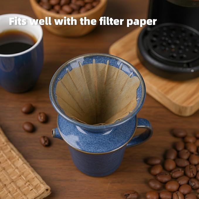 Pour Over Coffee Maker Set, Blue Vintage Coffee Maker with 20 Count Paper Coffee Filters, High Heat Ceramic Pour Over Coffee Dripper Set for Home, Restaurant, Camping Hiking, 16.5 Ounces