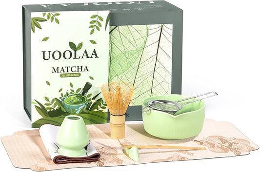 Traditional Matcha Tea Set, 8-Piece Complete Matcha Kit Set with Chawan Ceramic Bowl with Spout, Bamboo Whisk and Holder, Scoop, Sifter, Tea Towel Cloth and Mat - Ceremonial Matcha Bowl Set