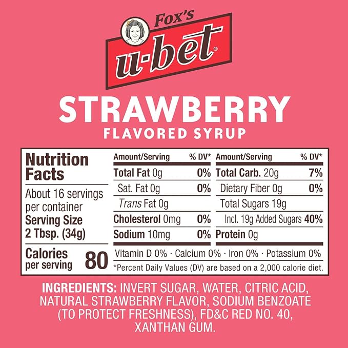 FOX’S U-BET Syrup Bottle – Brooklyn Original Since 1900, Thick, No High Fructose Corn Syrup, Kosher Certified, Fat Free, For Egg Creams, Coffee, Milkshakes & Desserts, 20 oz (2-Pack, Strawberry) - Image 2