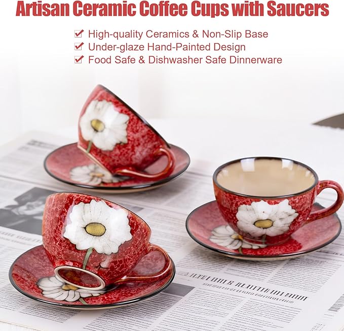 8 Oz Floral Porcelain Cappuccino Cups with Saucers Set of 4, Stoneware Tea Coffee Mugs for Home Kitchen & Office, Dishwasher Microwave Oven Safe, for Espresso, Latte, Americano, Milk & Tea, Red